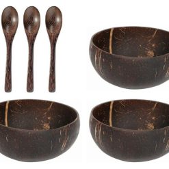 3pcs Coconut Bowls with Spoons, Natural Handmade Kitchen Utensils Bowl Polished with Coconut Oil Eco-Friendly Coconut Bowl Durable Lightweight Useful